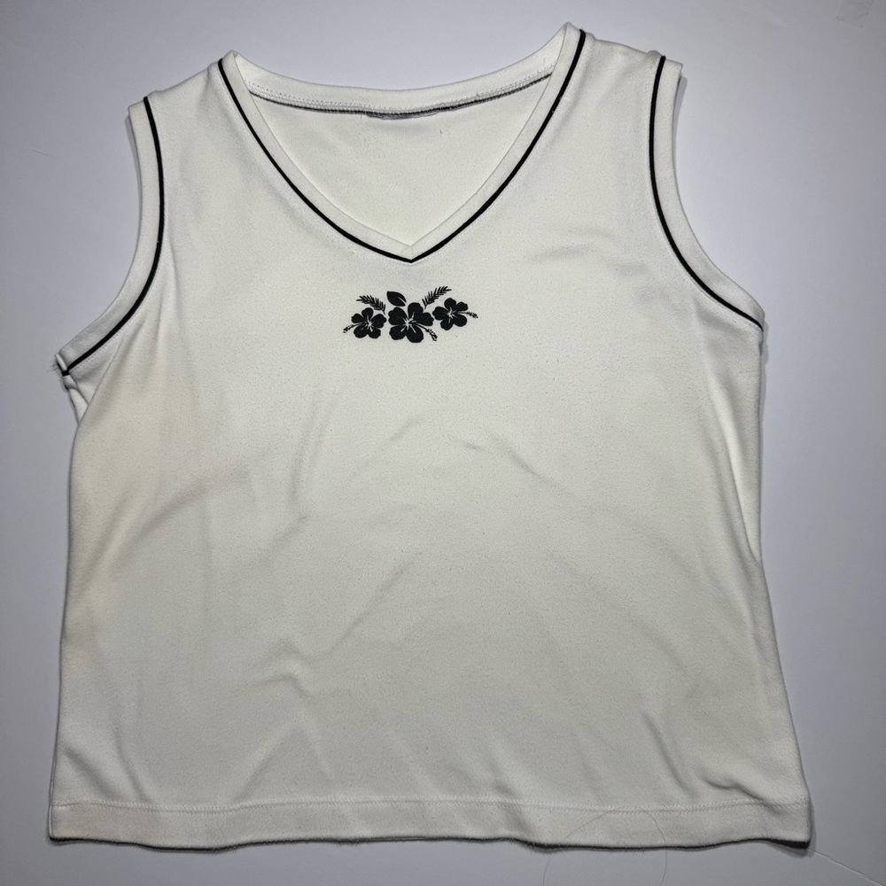 Vintage White V-Neck Tank Top Black Trim Floral Graphic Y2K